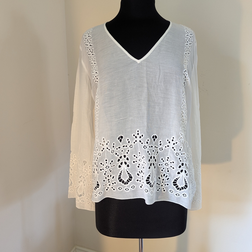 Johnny Was Jade White Eyelet Sheer Tunic Top Bell Sleeves Size XS Cotton Silk
